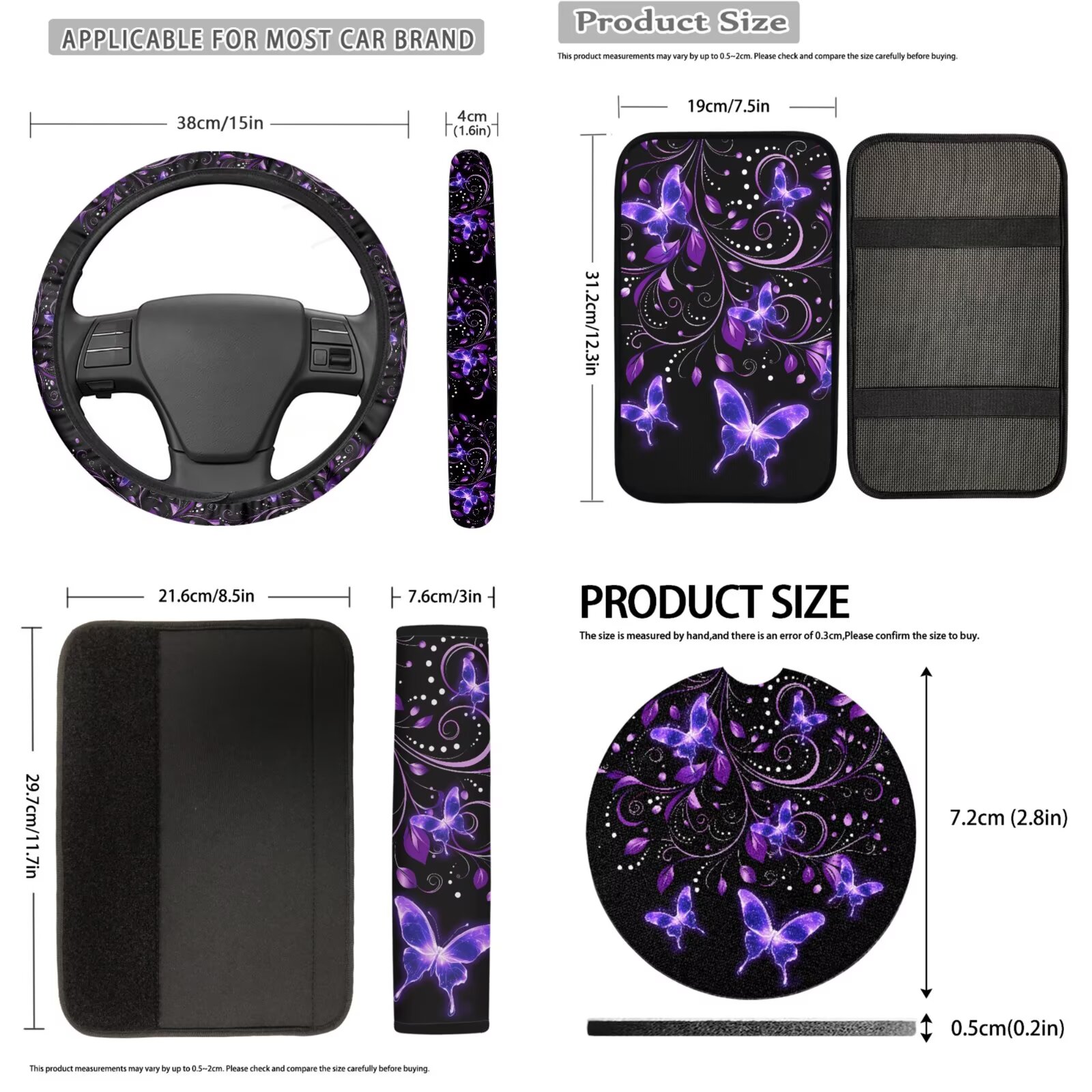 Uorisanigo Purple Butterfly 18pcs Car Seat Covers Full Set with Shoulder Strap Protector Middle Console Cover Steering Cover Headrest Protector Shift Knob Handbrake Covers Coasters Key Chains