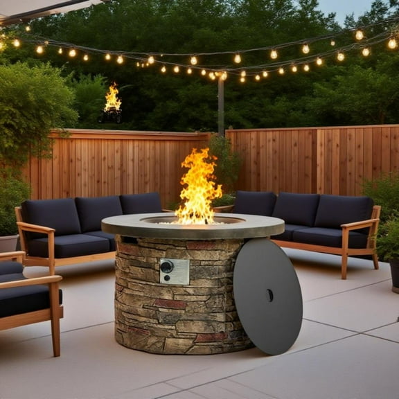 36'' Propane Gas Fire Pit Table, 50000 BTU Round Concrete Fire Pit for Outside Patio Deck Outdoor Space Backyard - Sandston