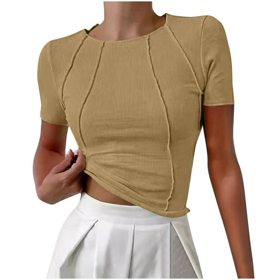 QingYiHua Women Summer Casual Short Sleeve Ribbed Tops Crew Neck Cute Crop Basic Tees Slim Fit Exposed Seams T Shirts 2025 Trendy Women Clothes,Khaki