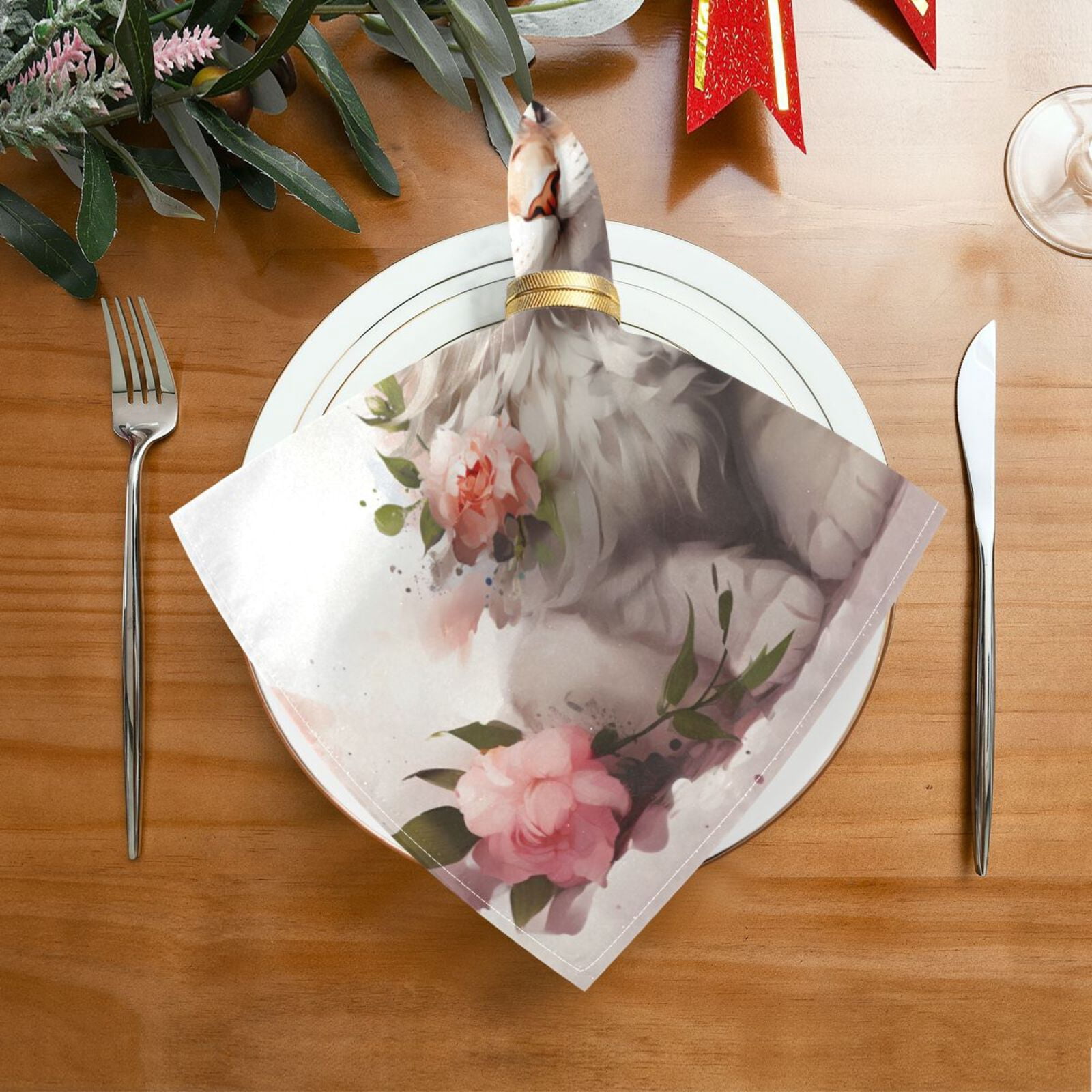JSTEL Cat Kitten Rose Flowers Cloth Napkins Set of 6, 20x20 Inch Washable and Reusable Napkin for Decoupage Dinner Party Everyday Use