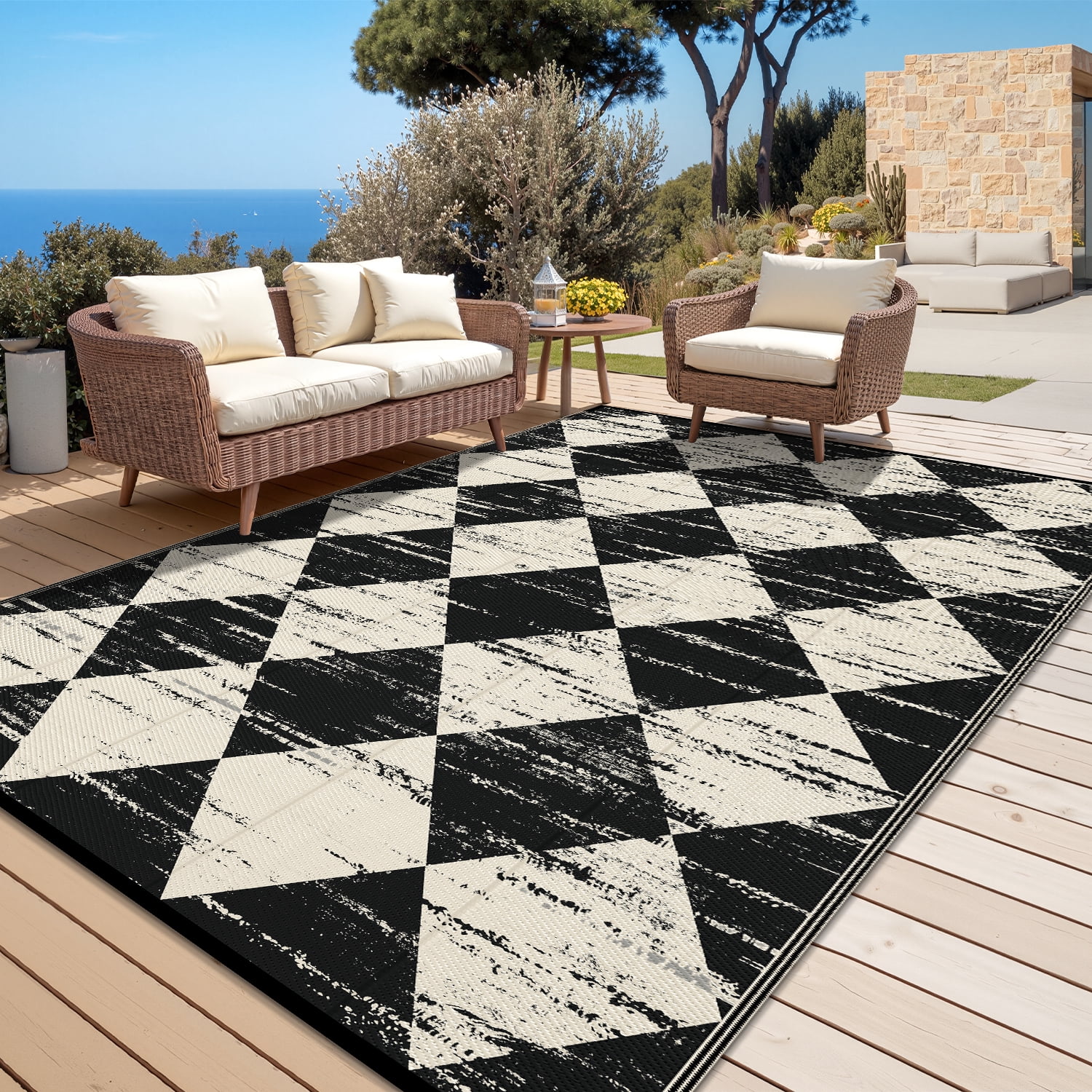 Findosom Outdoor Rug Waterproof 6'x9' Patio Rugs Foldable Reversible Camping Mat for RV,Deck,Porch,icnic,Beach,Balcony,Black & White
