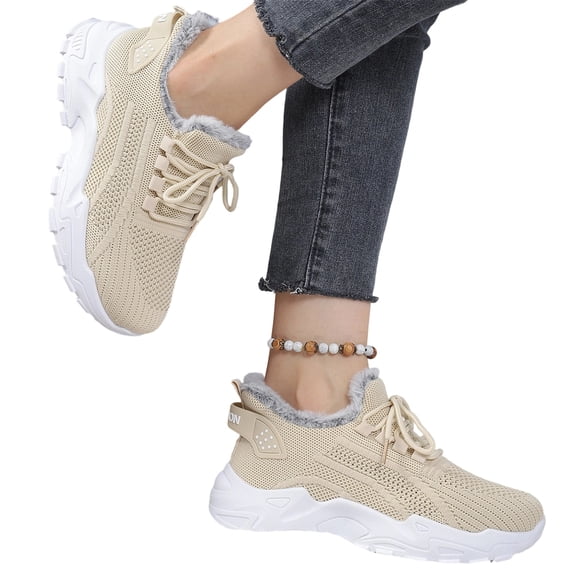 EKVAHL Women's Orthopedic Walking Sneakers, Non‑Slip Knit Mid Top Shoes, Lightweight Arch Support Sneakers For Work Gym Beige