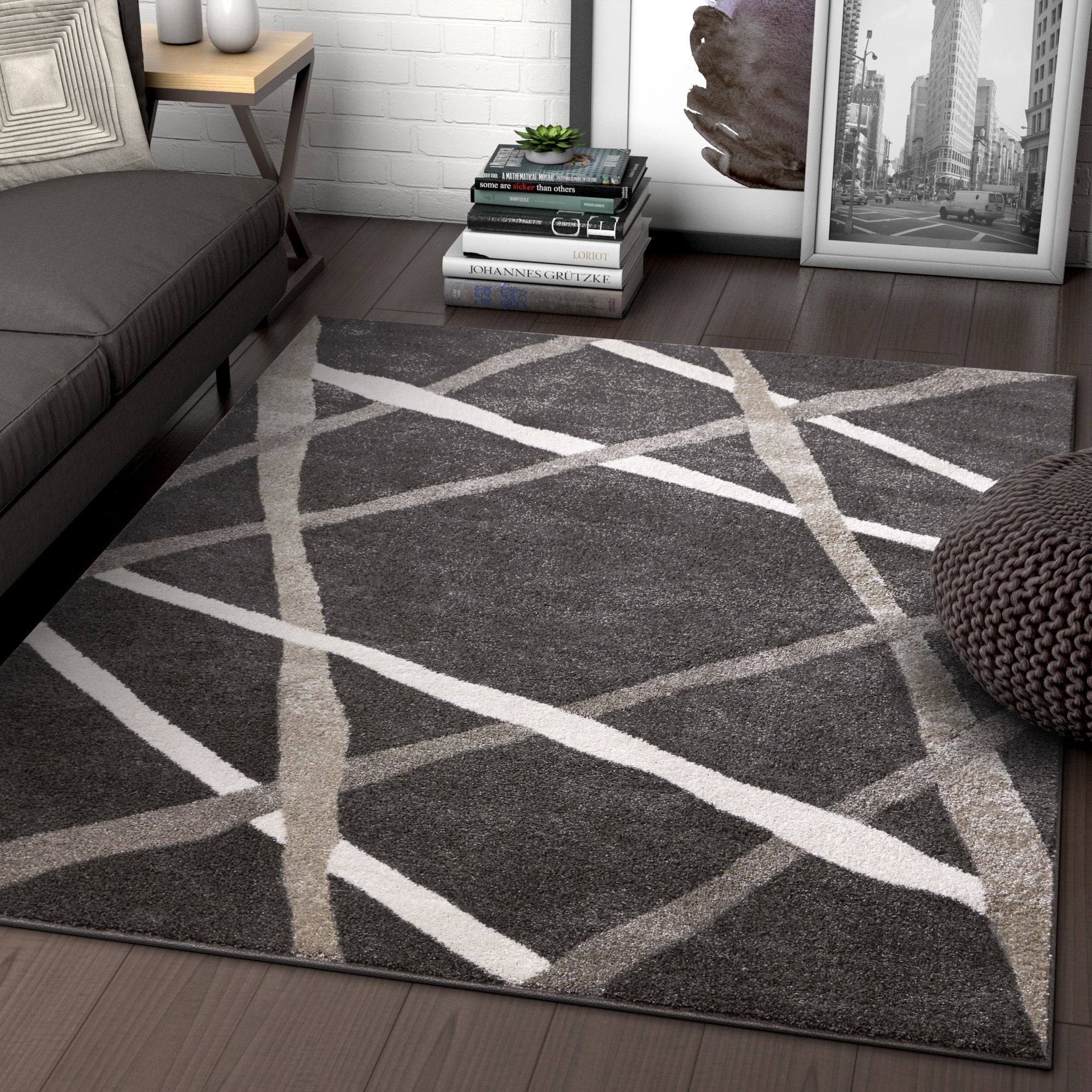 Modern Short Pile Living Room Rug Abstract Dots Stripes Design In Beige