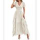 thumbnail image 2 of Vestidos Midi Holgados de Verano para Mujer, Informales, con Escote en V, Volantes, Corta, Dobladillo Irregular, Cintura Alta Albaricoque L, 2 of 7