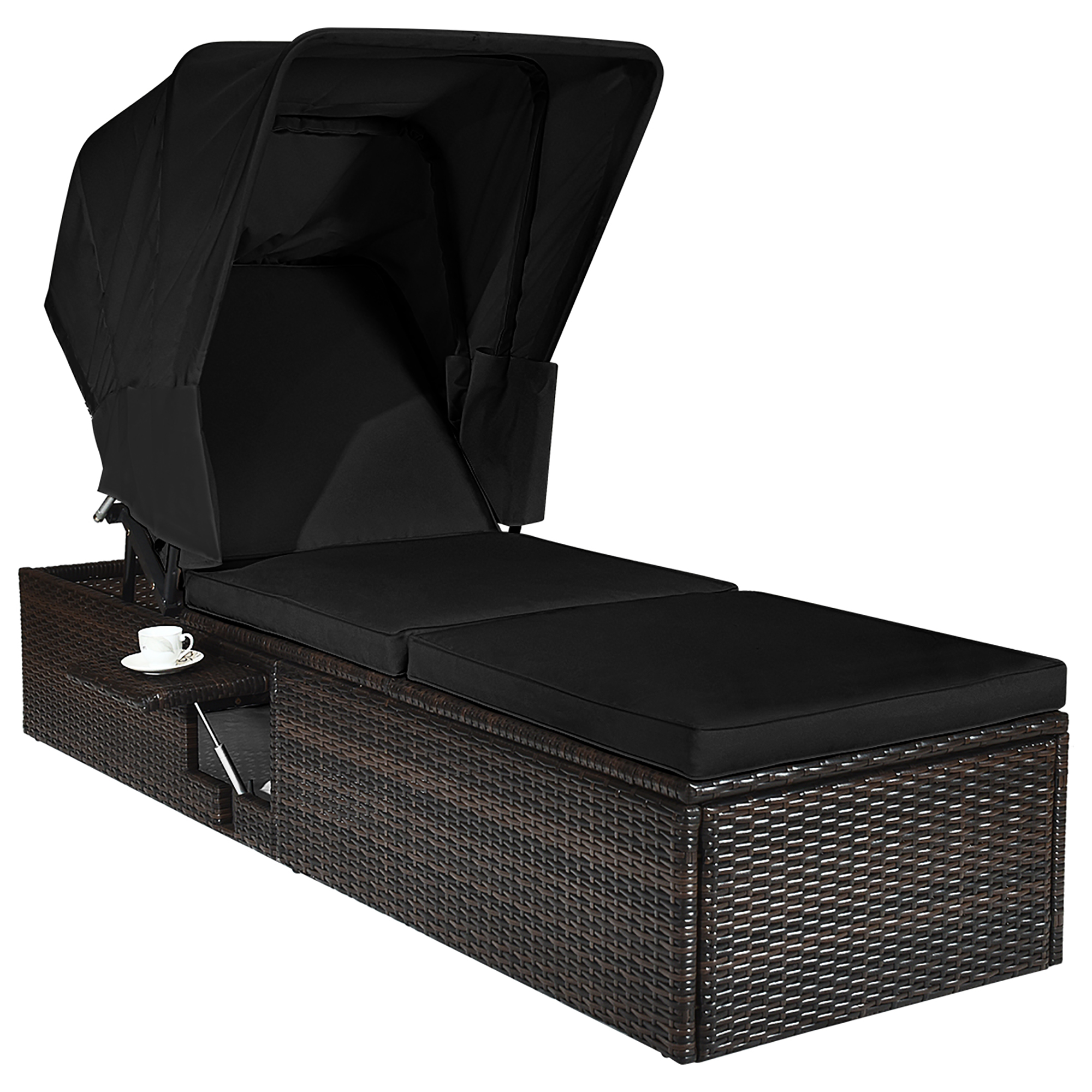 Costway Patio Rattan Lounge Chair Chaise Cushioned Top Canopy Adjustable Tea Table Black - image 3 of 10