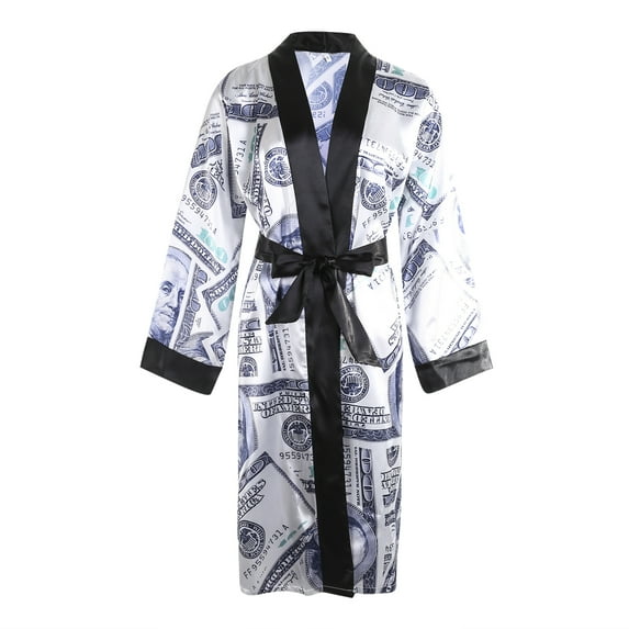 Sedceaty Women's Satin Robe, Trendy Dollar Print Long Sleeve Silky Kimono Bathrobe Sleepwear with Belt