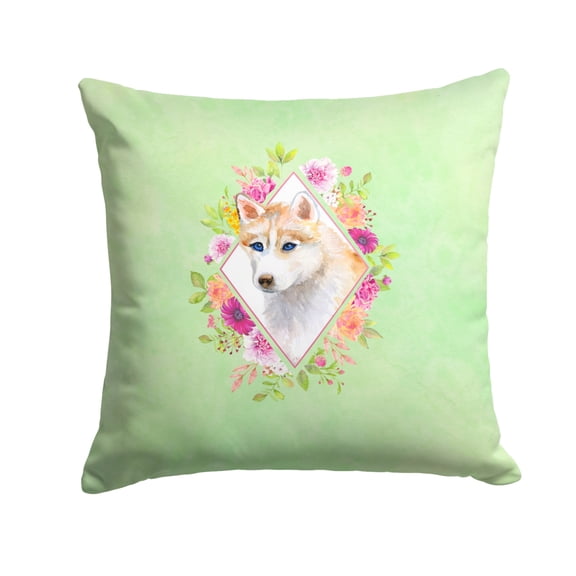Carolines Treasures CK4308PW1414 Red Siberian Husky Green Flowers Fabric Decorative Pillow 14Hx14W multicolor