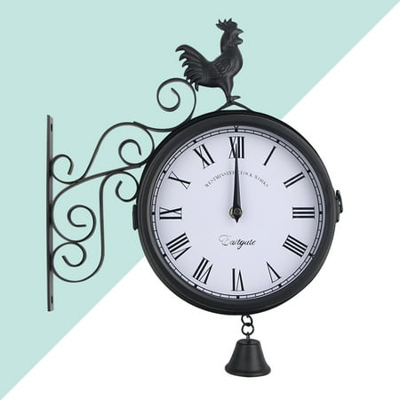 WHAMVOX Hemoton Outdoor Wrought Iron Wall Clock Garden Creative Fashion Double Sided Bell Shape Wall Hanging Clock without Battery Black