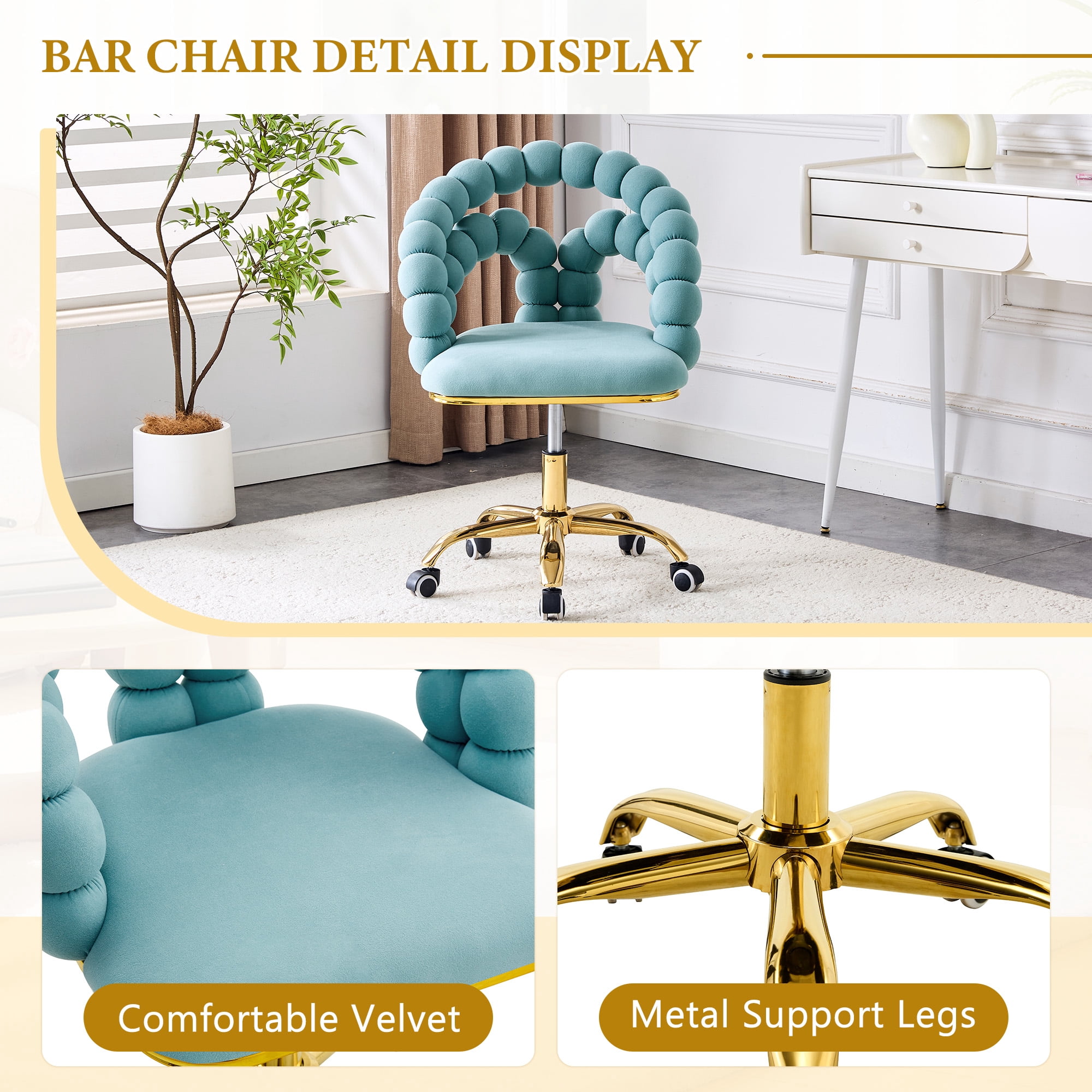 Velvet Swivel Desk Chair with Wheels, Comfortable Adjustable Height Vanity Chair, Bubble Back Computer Task Chair blue Computer Desk Chair