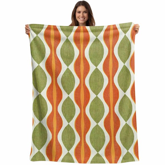 Orange Green Geometric Blanket Soft Cozy Warm Throw Blanket for Couch, Plush Fuzzy Flannel Fleece Blankets for Sofa, Abstract Moire Modern Vintage Bed Blankets Lightweight Gifts for Women, 40"x60"