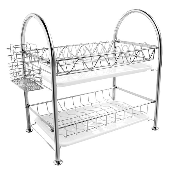 Adjustable 2-Tier Dish Draining Rack With Draining Pan, Utensil Holder, Cutting Board Holder - Stainless Steel