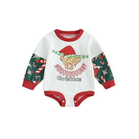 

Toddler Baby Sweatshirt Rompers Christmas Cow Head Print Jumpsuit