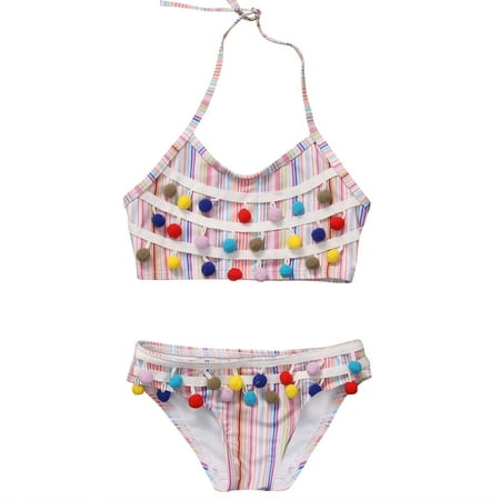 

Baby Toddler Kid Girls Spaghetti Strap Stripes Tassel Ball Bikini Beach Bathing Suit