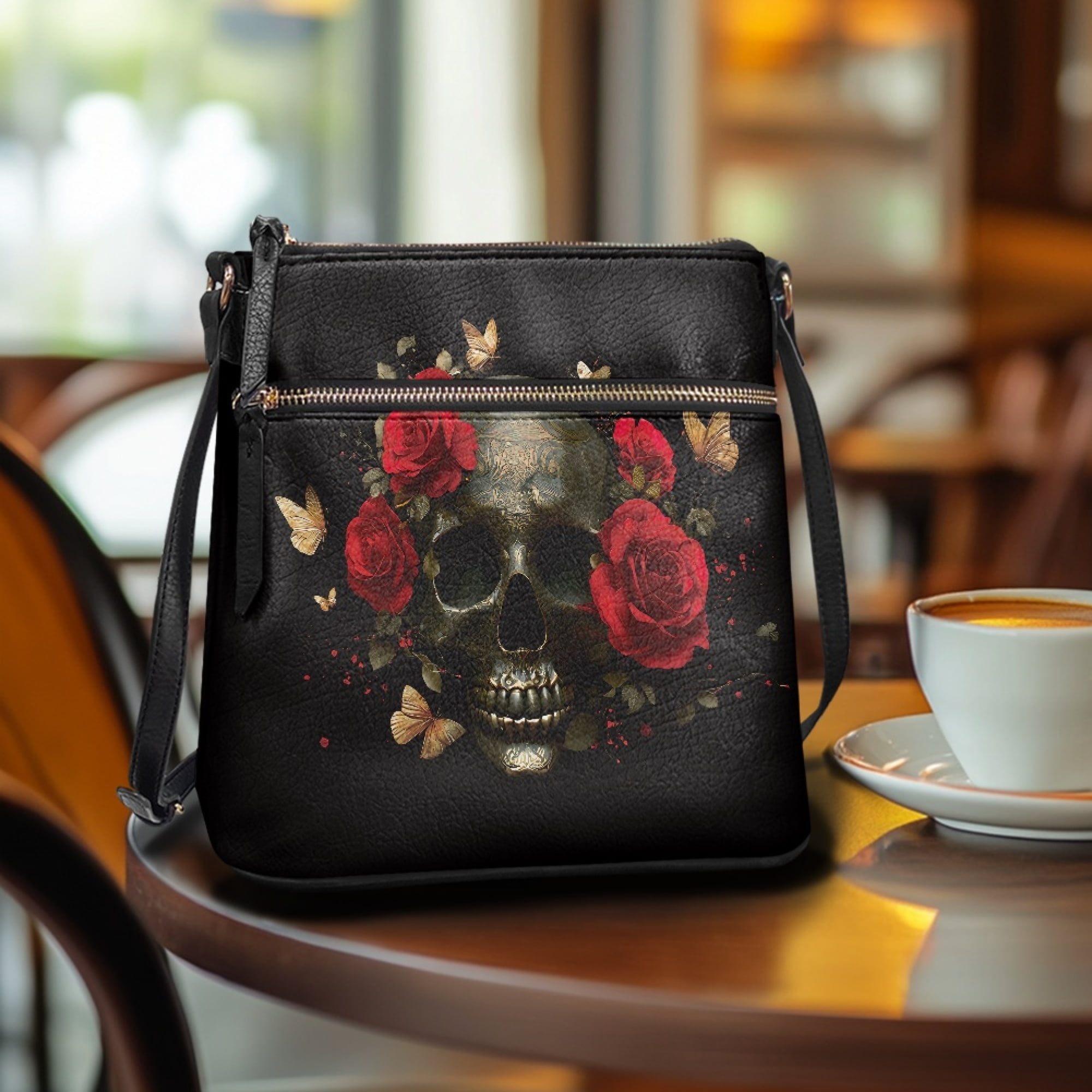 Kuiaobaty Skull Butterfly Rose Print Crossbody Bag for Women, Gothic Lightweight PU Leather Shoulder Purse with Adjustable Strap, Casual Zipped Pockets Hobo Handbag Crossbody for Travel