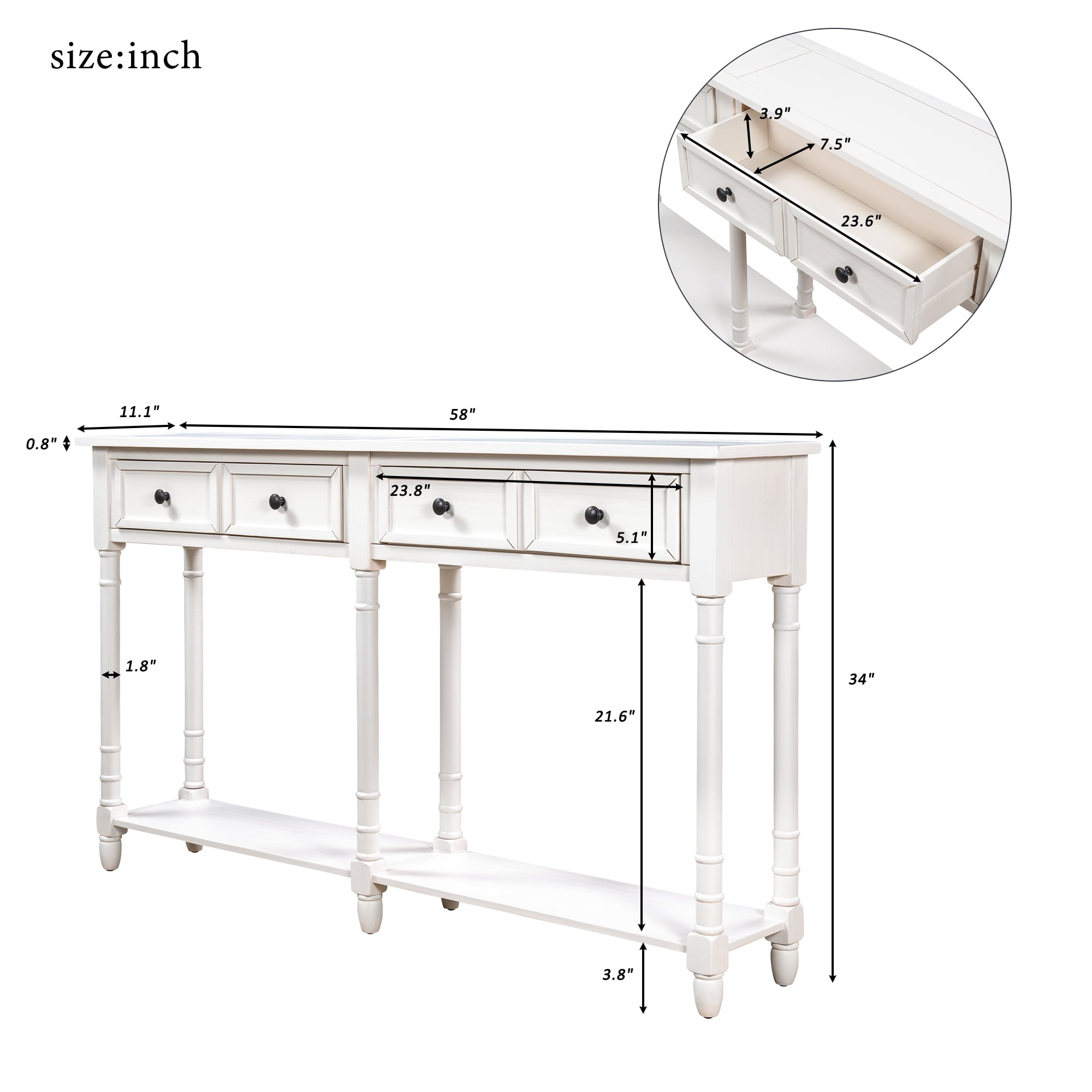 Wooden Console Table with Two Drawers and Bottom Shelf,Antique Entryway Table for Hallway Living Room,Ivory White
