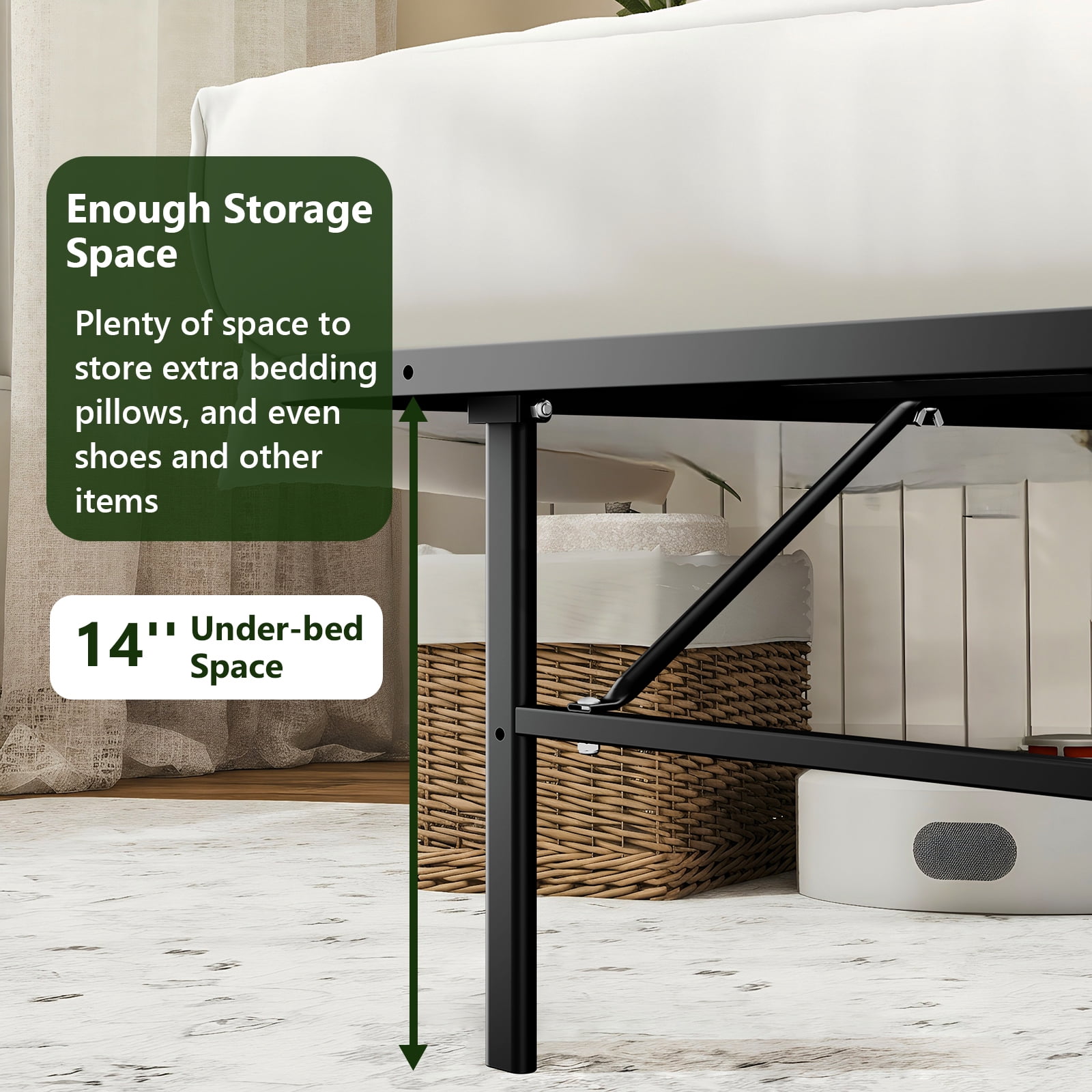 HaiCube Heavy Duty Foldable Metal Queen Size Bed Frame, No Assembly Steel Platform with Rounded Corners, 14 Inch High, Easy Storage, Black