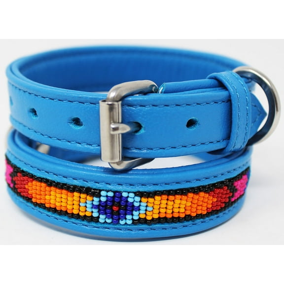 Large 21''- 25'' Soft Genuine Leather Beaded Padded Dog Puppy Collar 60RT05TR