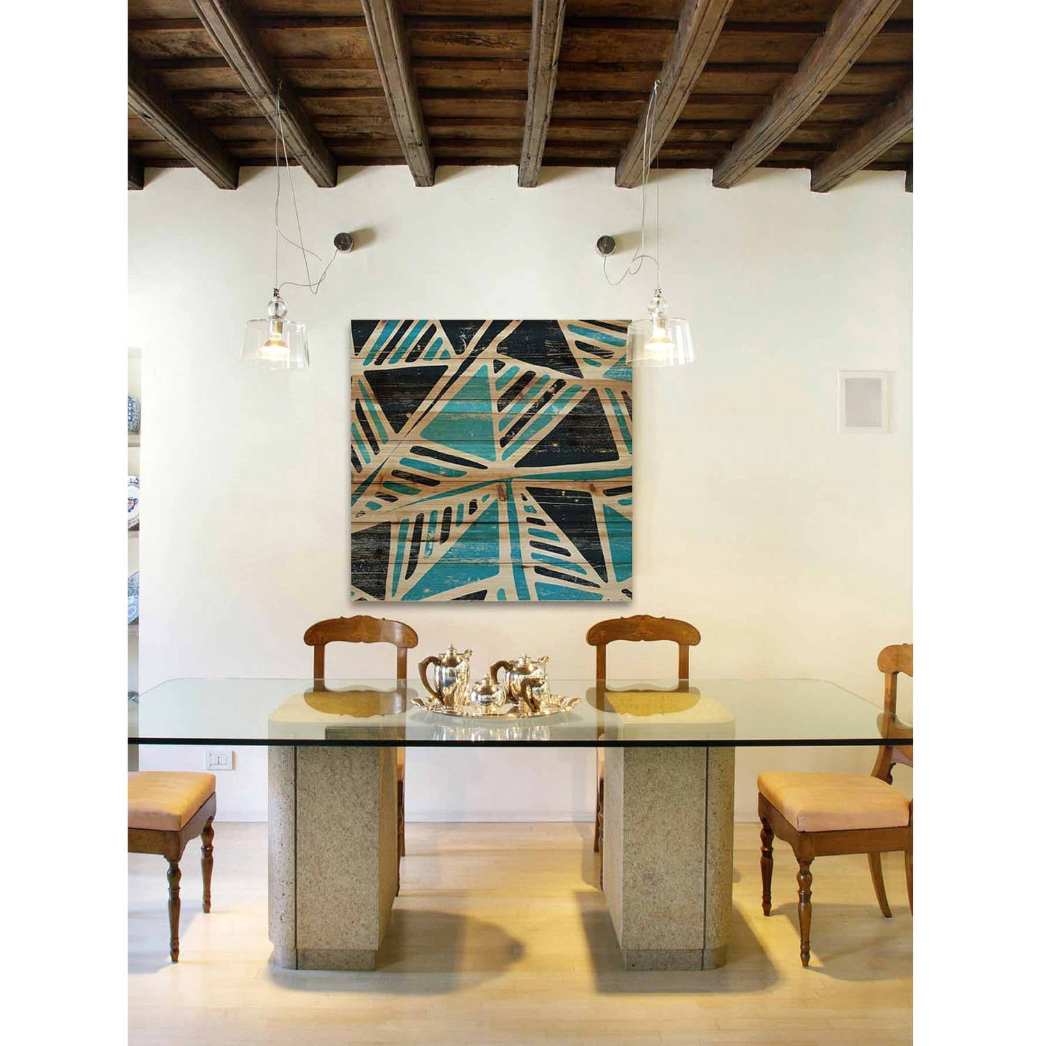 Marmont Hill - "Teal Triangles" Painting Art Print on Natural Pine Wood