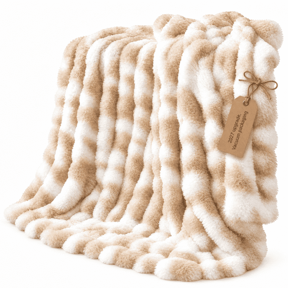 Soft Bubble Faux Fur Throw Blanket, 50"x60", Toffee Ombre, Fuzzy Plush Faux Rabbit Fur Blanket for Couch Bed