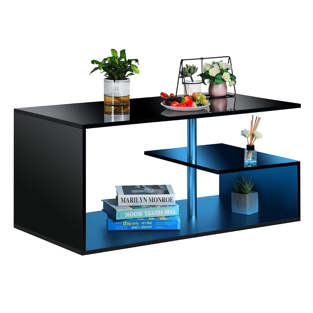 Hommpa High Gloss Black Coffee Table with LED Lights Open Shelf Smart APP Control S Shaped Modern Sofa Side End Table for Living Room