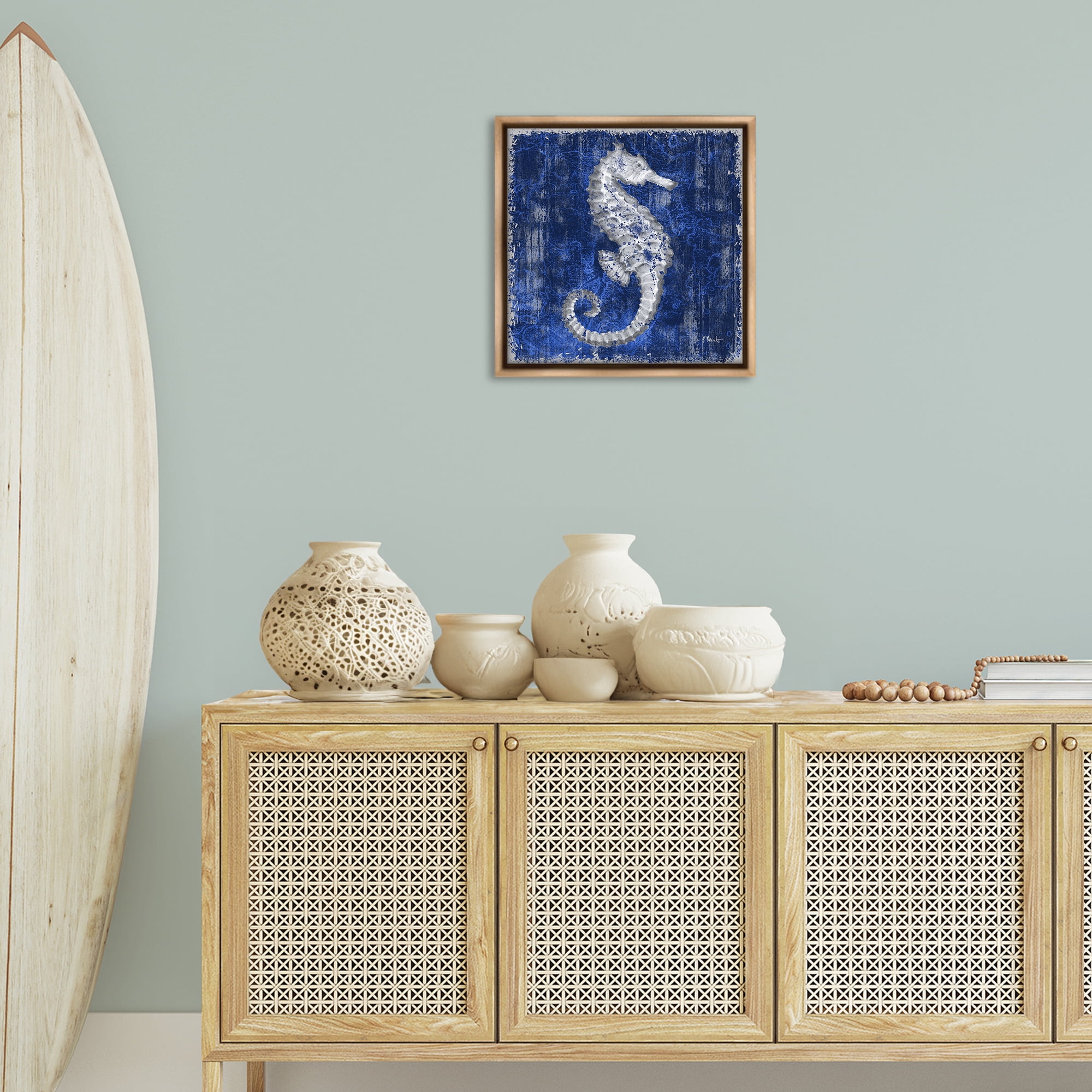 Stupell Industries Rustic Indigo Seahorse Nautical & Beach Painting Brown Floater Framed Canvas Art Print Wall Art, 18 x 18
