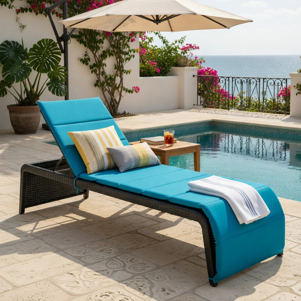 Hommoo Adjustable Outdoor Rattan Chaise Lounge Chair with Thick Cushion, Heavy-Duty Steel Frame, 5-Position Reclining Back, Weather-Resistant PE Wicker for Patio, Pool & Garden, Turquoise