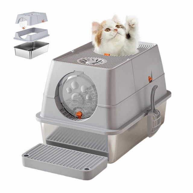 Stainless Steel Covered Litter Box, Large Top Entry Metal Litter Box for Cats, Dog Proof Litter Boxes with Flip Cover, Removable Top and Litter Scooper, Easy to Clean