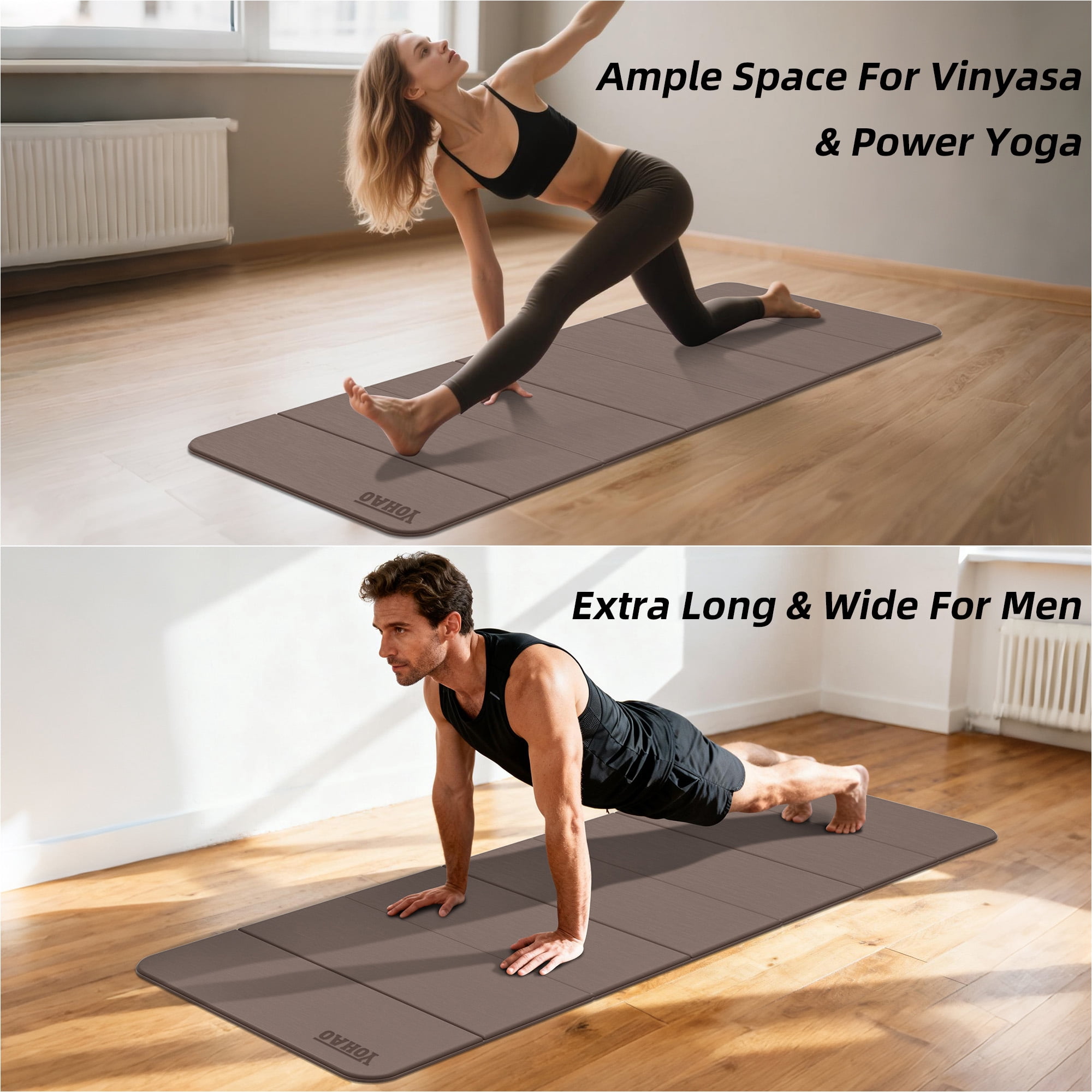 YOHAO Yoga Mat,Large Size:75"×32",Foldable Workout Mat for Yoga,Pilates and Travel,Anti-rolling,Non-slip,Easy Unfold and Storage(Brown)