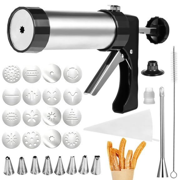 Churrera Churro Maker Machine Kit, Stainless Steel Churro Maker Kit with 1 Piping Bag and 8 Piping Nozzles, 1 Brush, and 16 Discs, Churro Filler Kit with Recipe Book, Easy to Clean