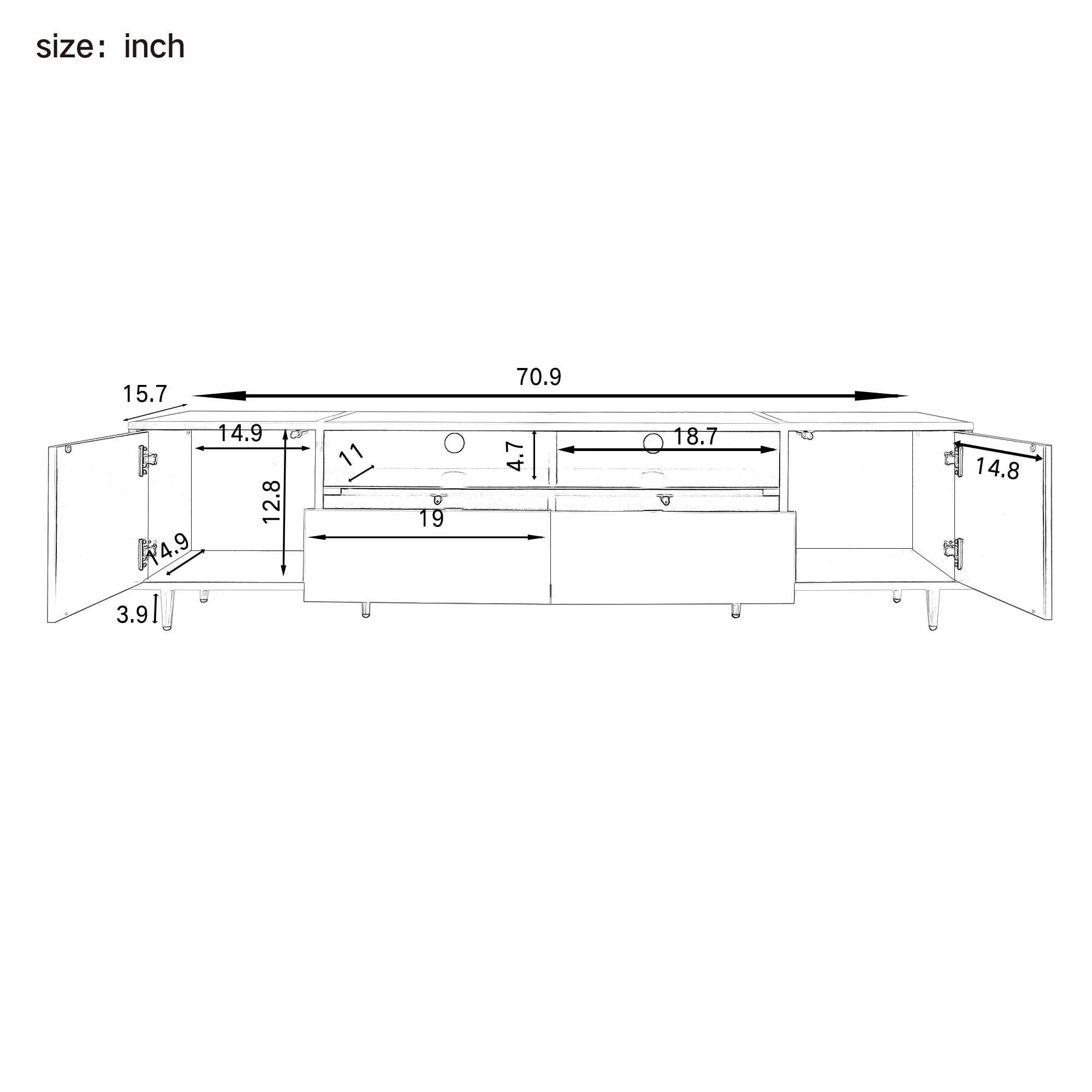 70.9" Modern TV Stand for TVs up to 80 Inches, Entertainment Center with 2 Shelves and LED Lights, TV Storage Cabinet with 2 Drawers, 2 Cabinets and Metal Legs for Living room