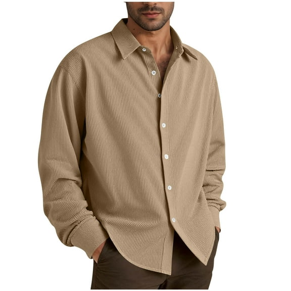 Fnooota Mens Casual Button Down Shirts, Corduroy Colored Business Long Sleeve Button Up Shirts Khaki Size S-3XL