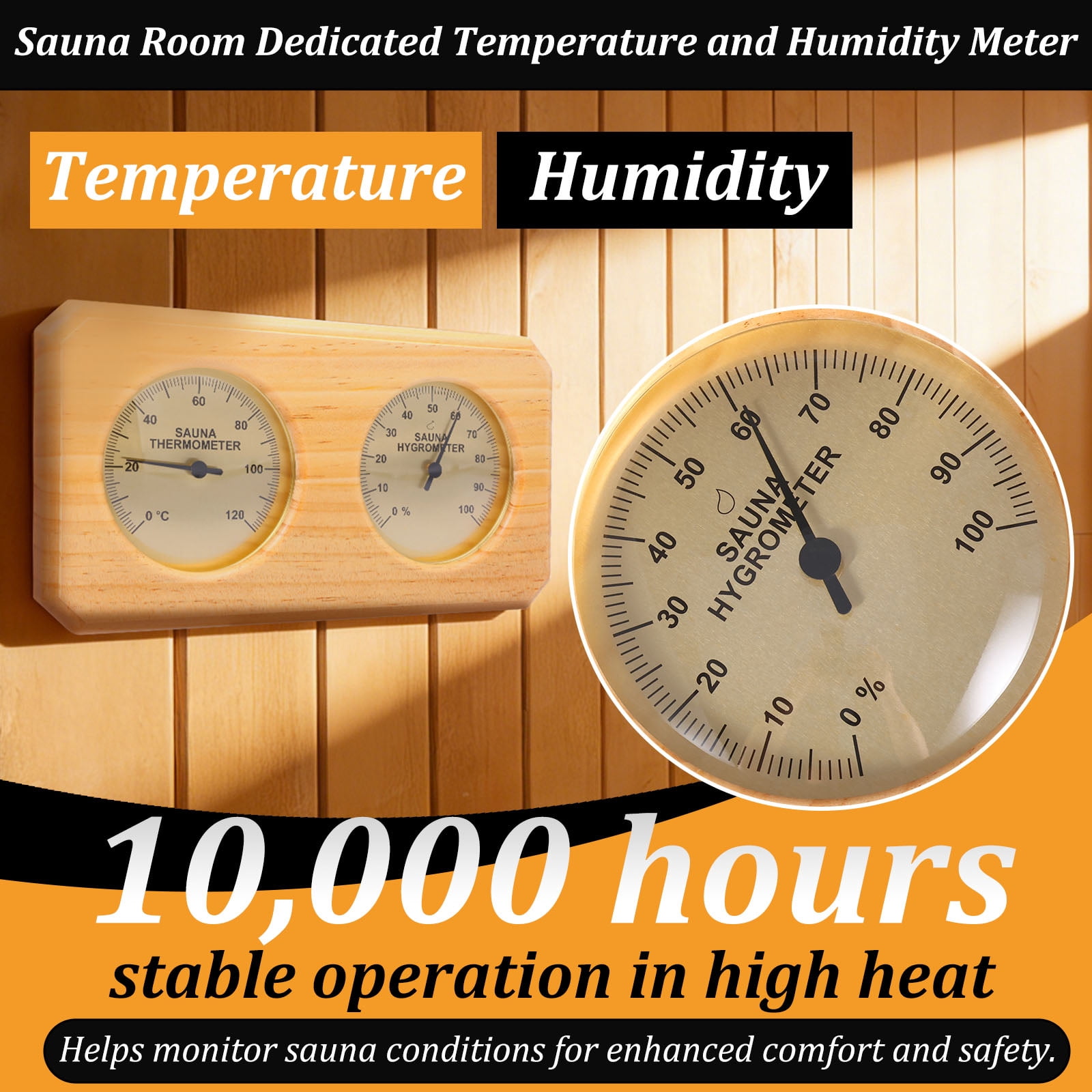 2 in 1 Sauna Thermometer and Hygrometer Wall Mount Design Dual Temperature and Humidity Gauge Split Dial Design for Sauna Room