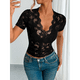 thumbnail image 5 of Blusa de para Mujer, de Corta, Cuello Redondo, Ajustada, con Encaje Floral Liso, Blusas Transparentes con Cuello en V Negro L, 5 of 7