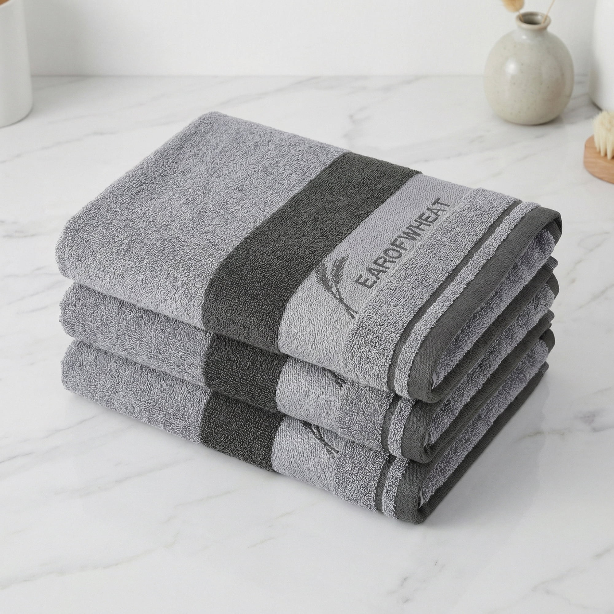 Unique Bargains Ear of Wheat Stripe Cotton Soft Absorbent Hand Towel Grey 4pcs 29" x 13"
