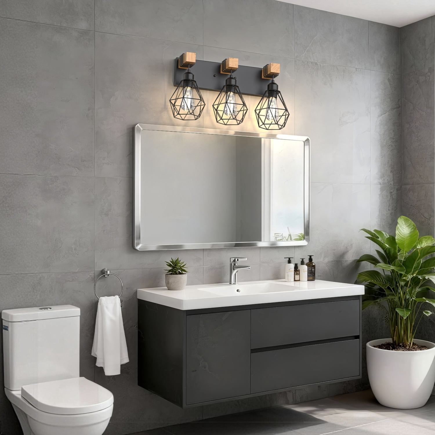 YANSUN 20.9 in 3-Light Industrial Cage Vanity Light, Black Metal and Wood Wall Sconce for Bathroom and Hallway(Bulbs Not Included)