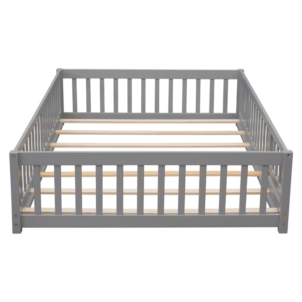 Full Size Floor Bed Frame for Kids Toddlers, Wooden Montessori Bed with 7 Wood Slats, Fence-Shaped Guardrails and Door for Boys Girls Bedroom Playroom, No Box Spring Needed, Gray