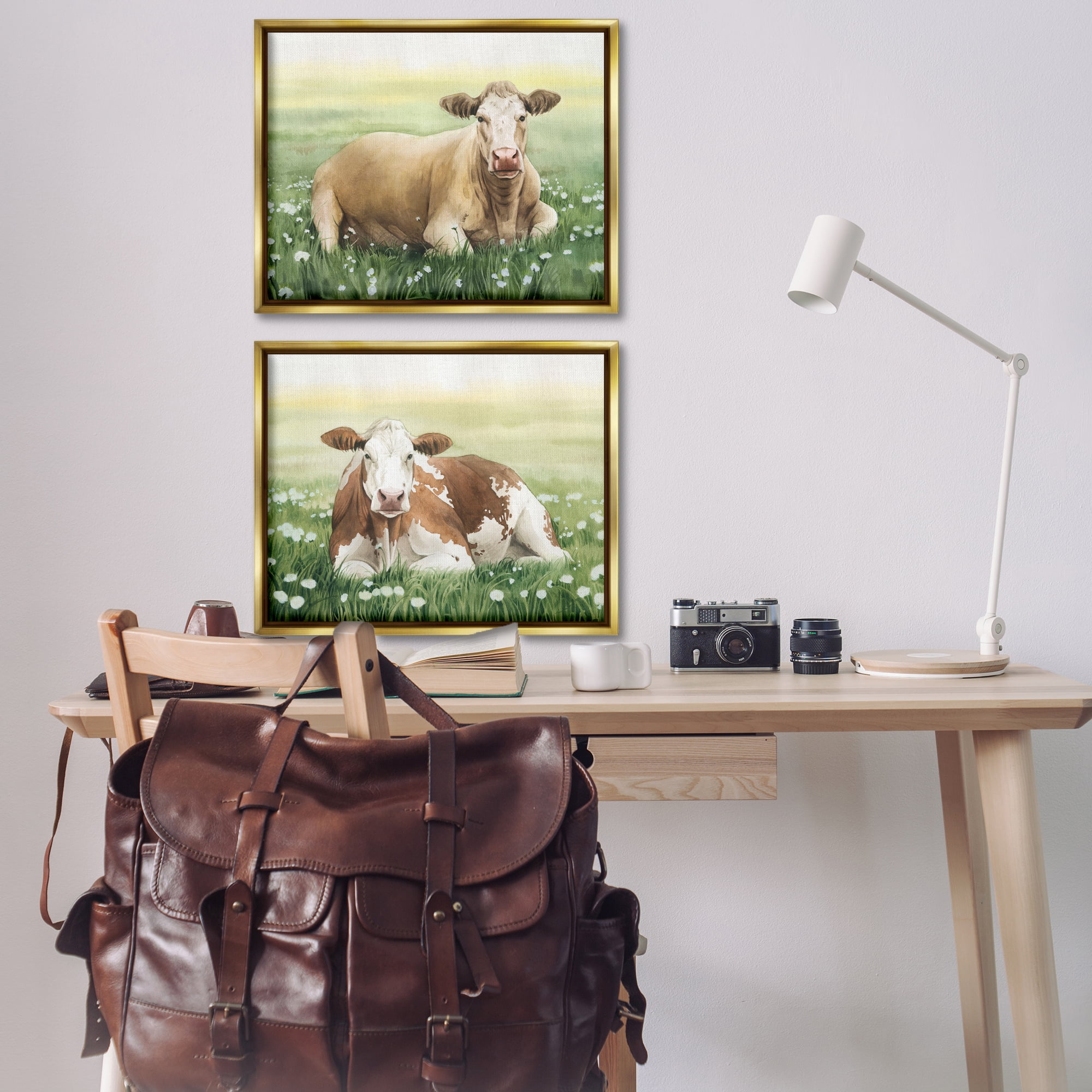 Stupell Industries Cows Resting in Flower Field Animals Painting Gold Floater Framed Canvas Art Print Wall Art, 31 x 25, Set of 2