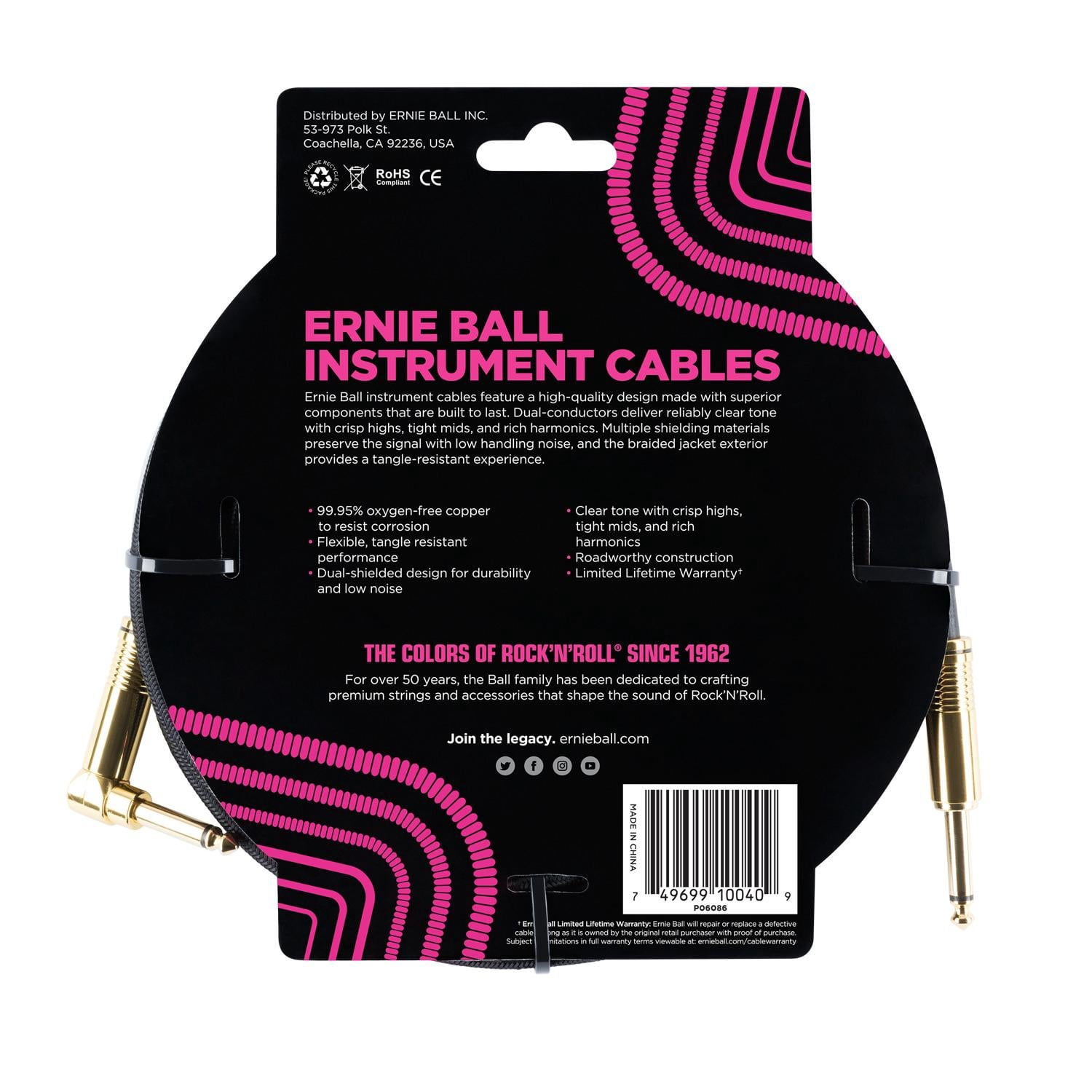 Ernie Ball 18' Braided Straight Angle Instrument Cable Black w/Gold Connectors