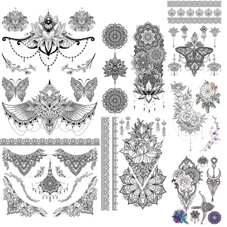 glaryyears 8 Sheets Black Mandara Underboob Tattoo for Women, Flower Leaf Butterfly Dreamcatcher Designs Temporary Tattoo Stickers on Chest Waist Body Art Large Size