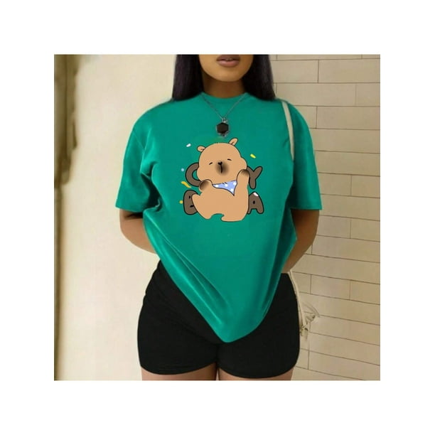 Playera Blusa De Capybara Con Paliacate Diseño Divertido Ropa Para Mujer Capibara Color Verde Talla Chica Marca Emil SaEs