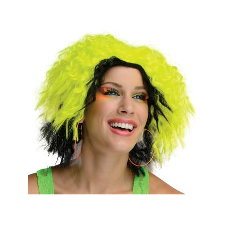 Adult Womens 80s Neon Chic Yellow Black Rave Dance Costume Wavy Wig