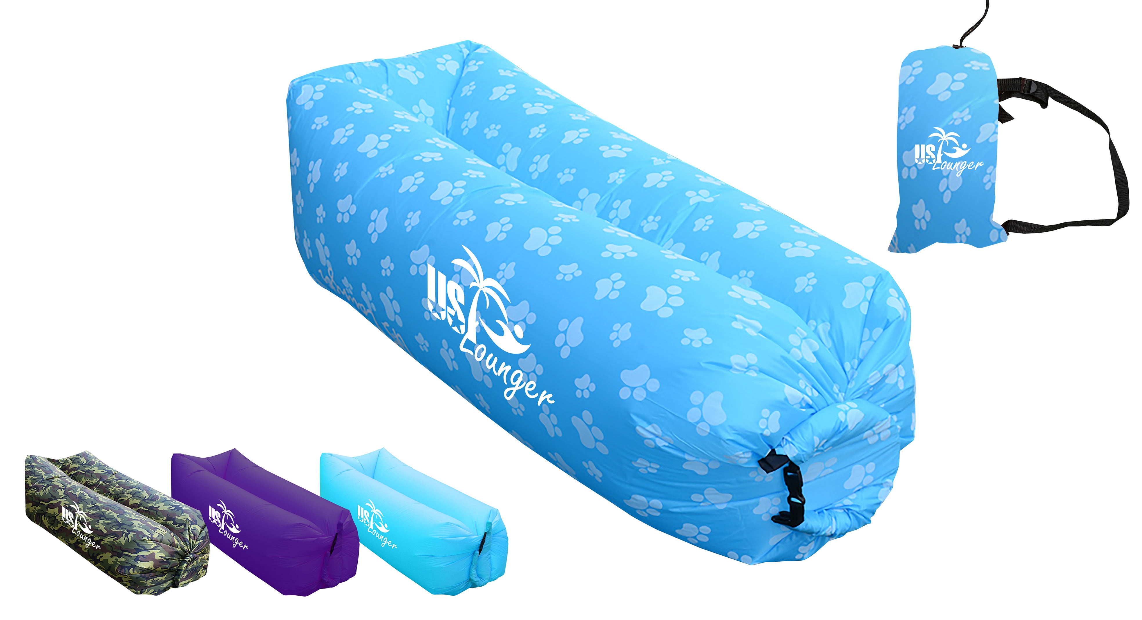 US Lounger Light Blue Paw Print Fast Inflatable Portable Outdoor or
