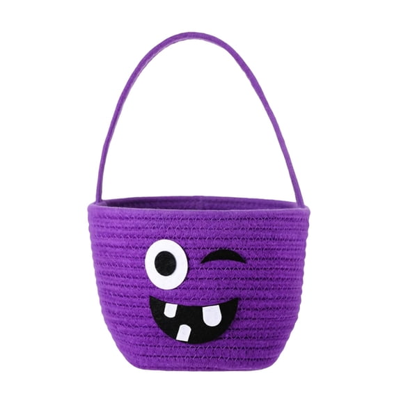 LILIYA Mixed Style Halloween Basket Purple Rope Woven with Cute Face, Trick or Treating Candy Storage, Sturdy Handle, Pumpkin Snack Holder Tote Halloween Party Decoration