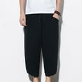 thumbnail image 2 of Lovskoo 2024 Mens Cotton Linen Capris Pants Solid Color Casual Trendy Loose Cropped Pants Black 3XL, 2 of 6