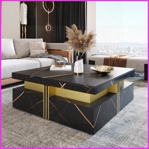Modern Black Square Coffee Table with 4 Drawers - Gold Accents & Ample Storage for Living Room