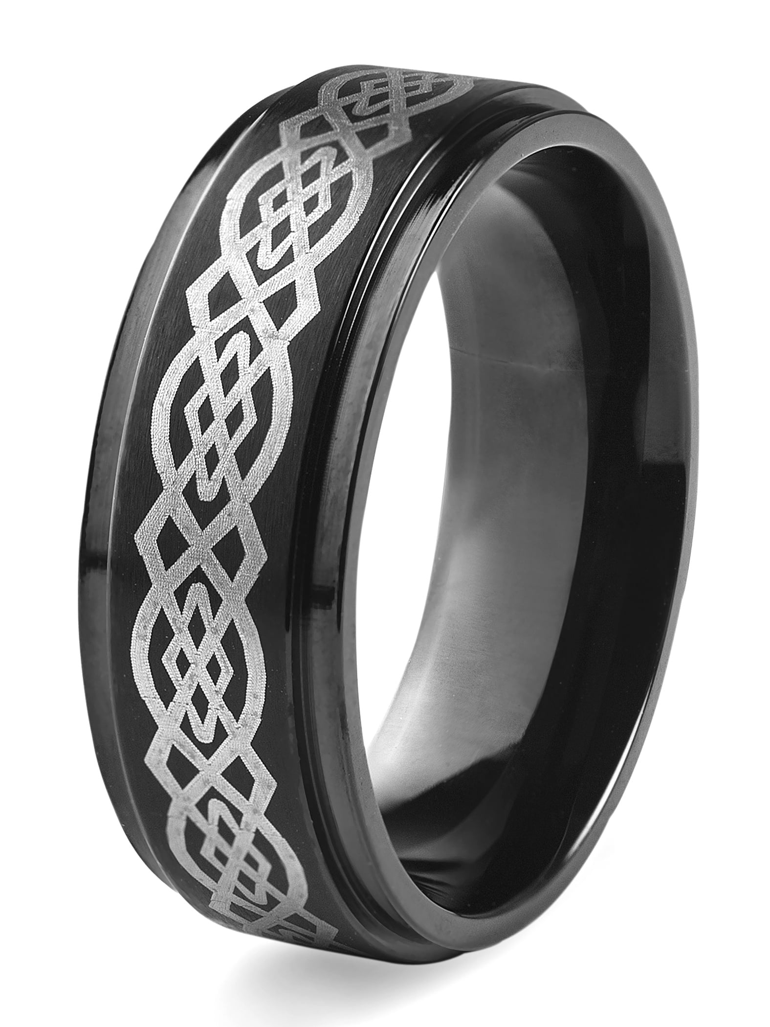 Centered Tribal Inlay Two Tone Black IP Band Men's Ring Stainless Steel 