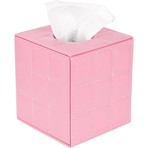 ABPETE Pink Square Tissue Box Cover - Modern Leather Cube Facial Tissue Holder for Bathroom, Living Room and Office Decor