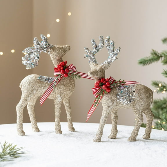 Miommo Glitter Christmas Reindeer Figurines 2 Pack, Sturdy Deer Desktop Ornament for Family Holiday Mantle Shelf Window Display Decor, Reusable Xmas Decoration