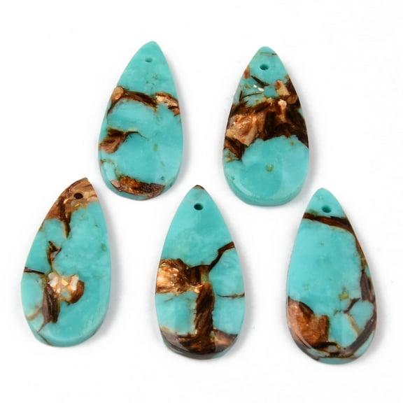 10pcs Assembled Bronzite and Turquoise Pendants Teardrop 35x16~17x4~5mm Hole: 1.4mm