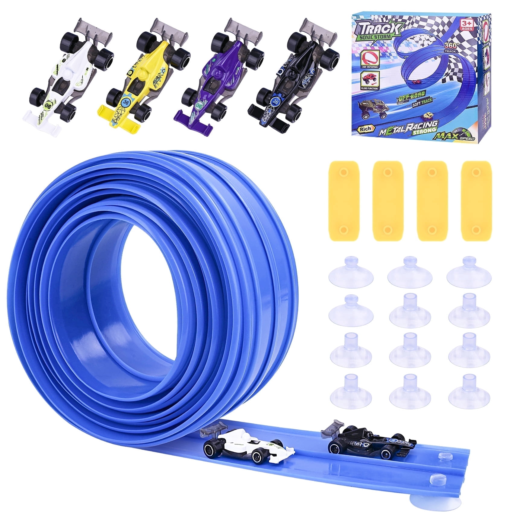 Flex Track 15 Ft Starter Set, Flexible Race Car Ramp Track for Ages 3 & Up with Suction Cups Compatible with Hot Wheels and Diecast 1/64th Cars